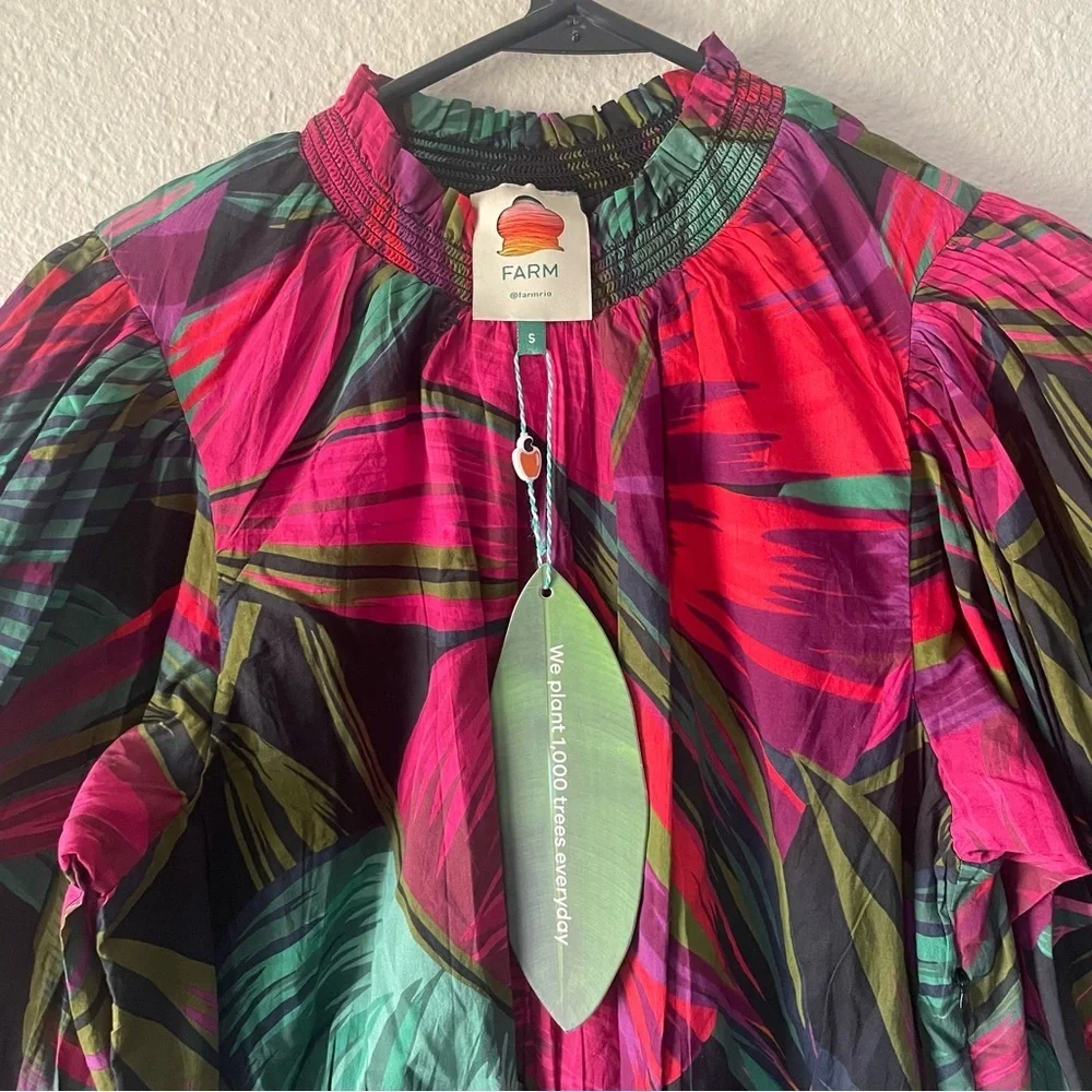 FARM Rio Midnight Leaves Mini Dress Women’s S Smocked Ruffle Puff Sleeve Cotton - Picture 3 of 16